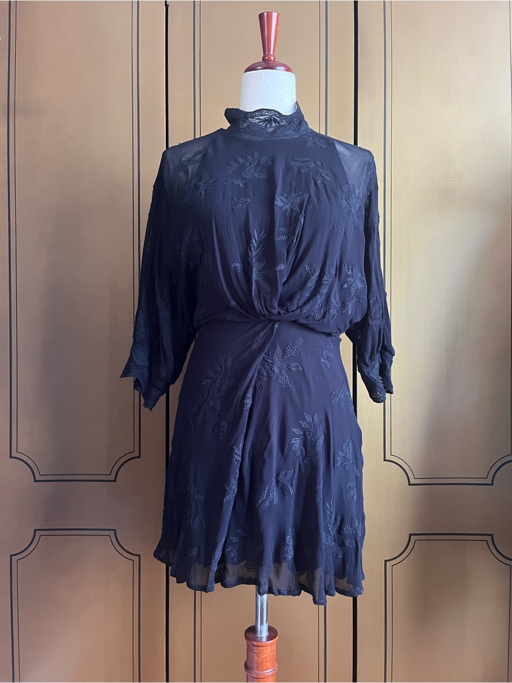 IRO Paris Leine Black Embroidered High-Neck Short Dress